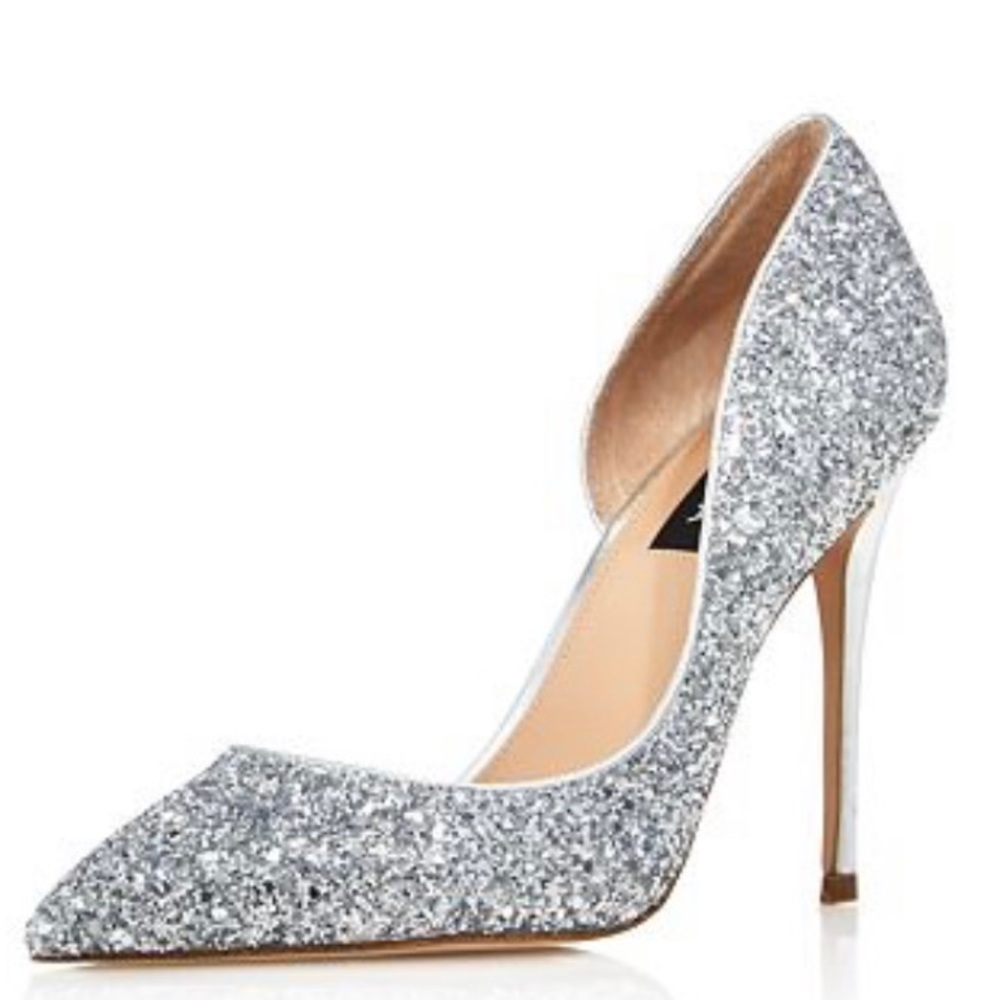 Aqua Dion. silver shimmer glitter high heels. 4” heel. party shoes pumps